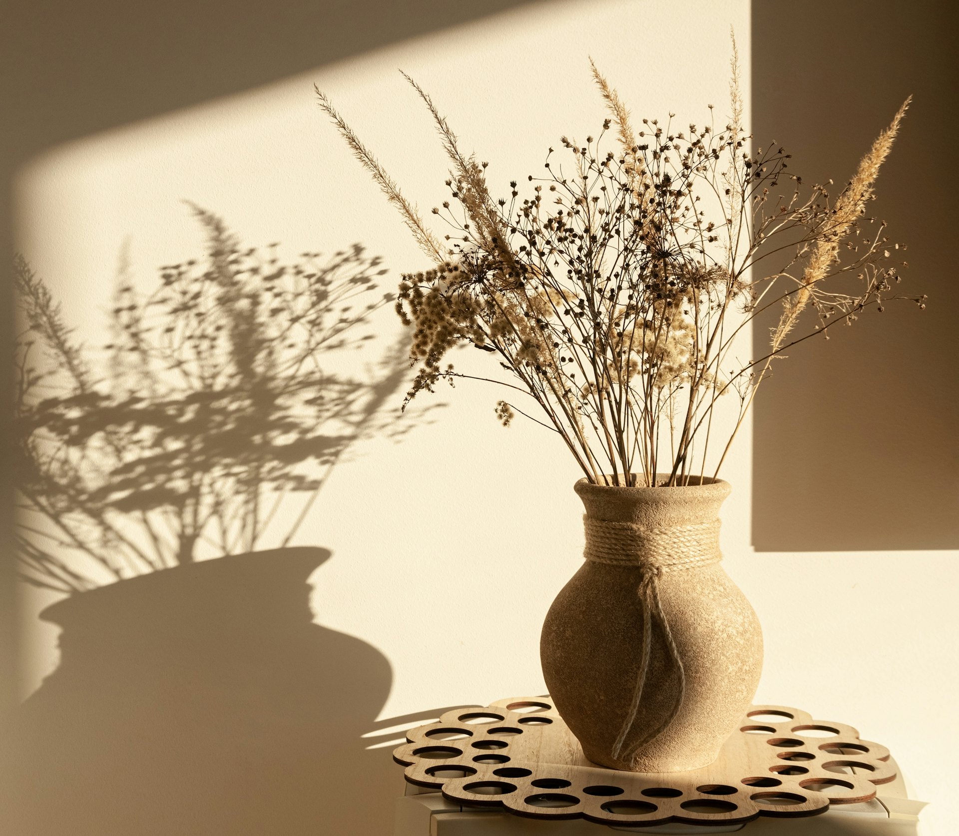 A brown ceramic vase holding dried grasses that cast soft shadows
