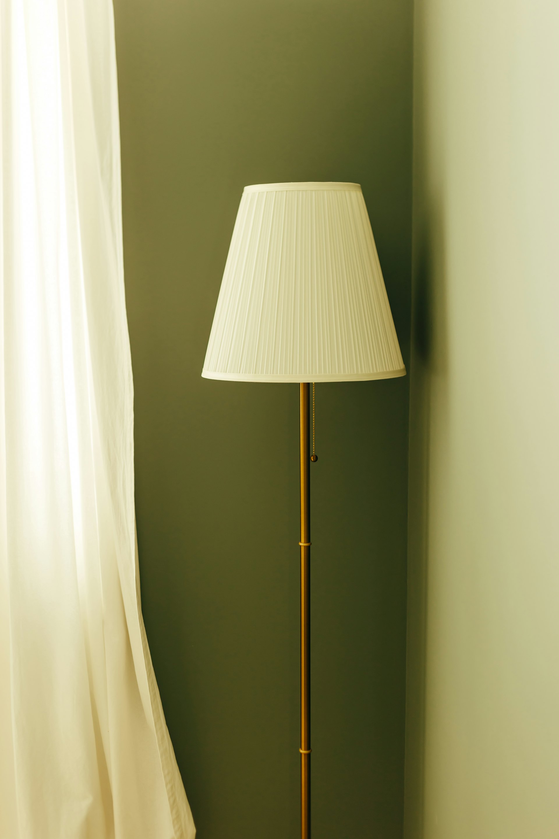 A slim brass floor lamp with a pleated shade against a green wall